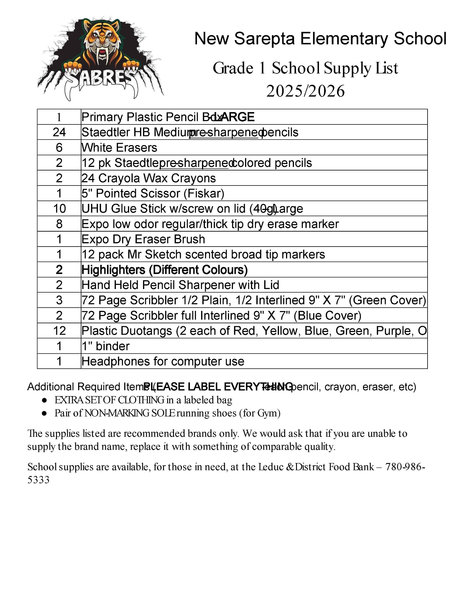 Grade 1 School Supply List 2025 26