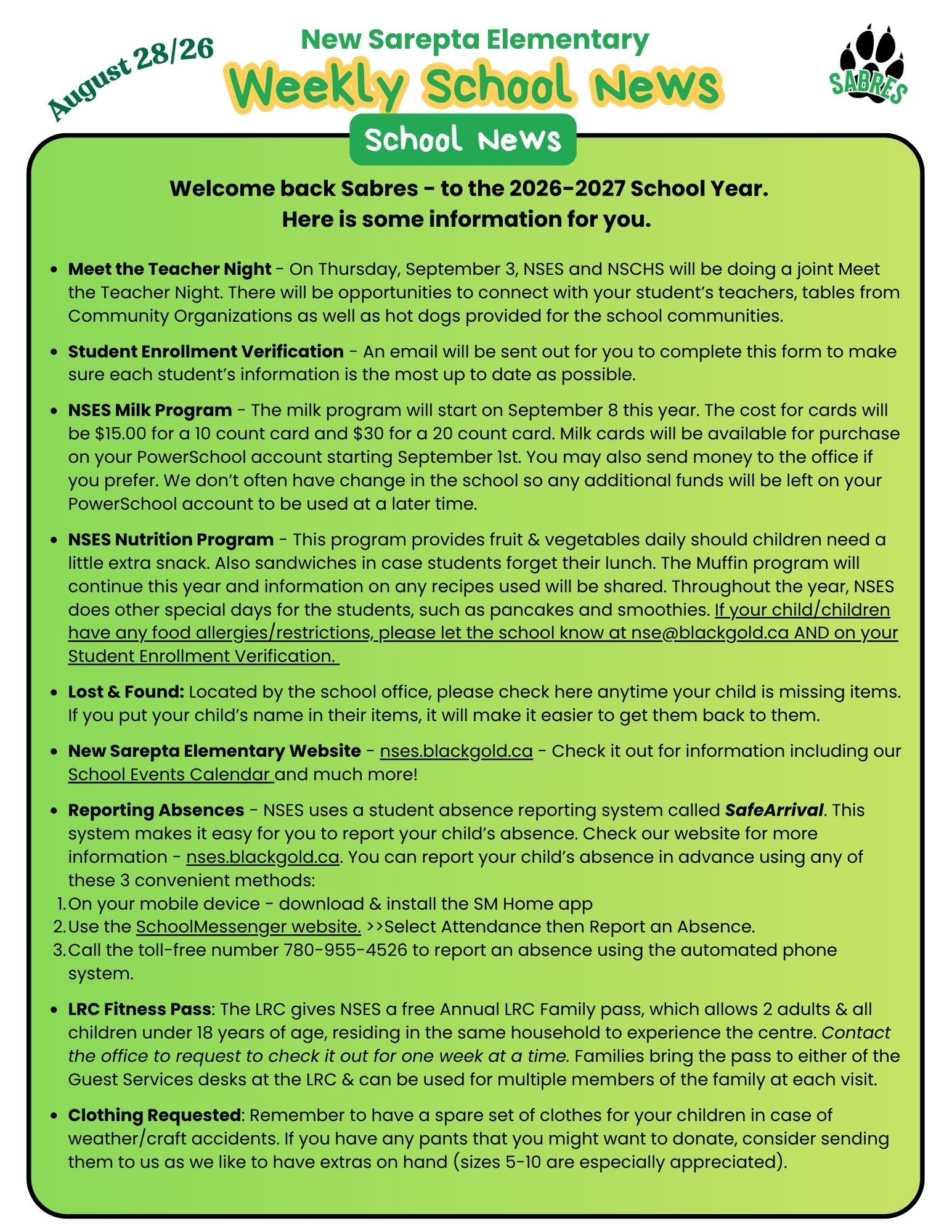 NSES School Newsletter August 28 2026