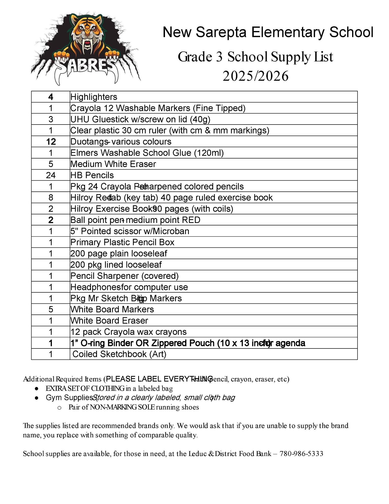 Grade 3 School Supply List 2025 26