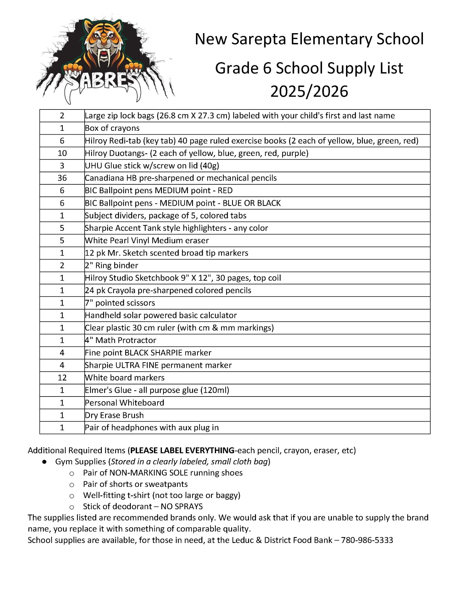 Grade 6 School Supply List 2025 26