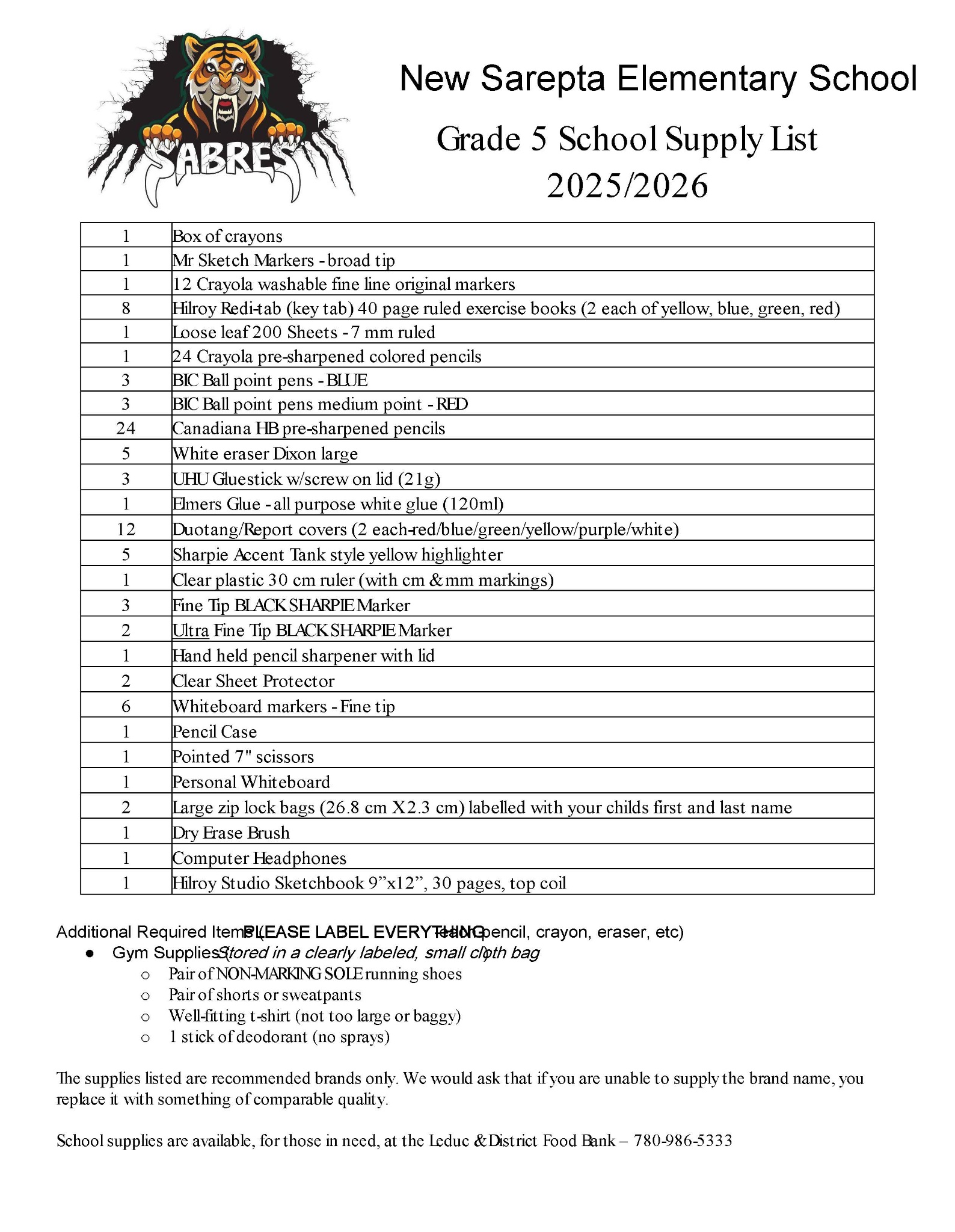 Grade 5 School Supply List 2025 26