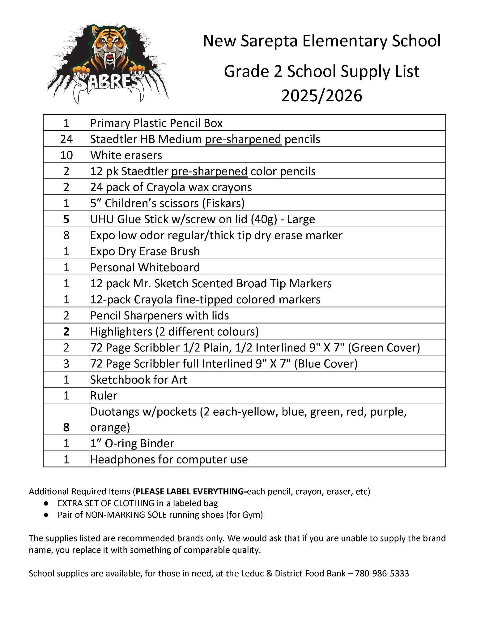 Grade 2 School Supply List 2025 26